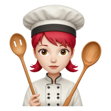 A woman with red Chinese hair and a chef's outfit, chef's hat and a wooden spoon sticker