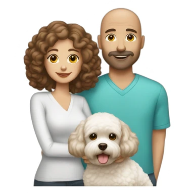 a bald man and brown haired woman with white maltipoo sticker