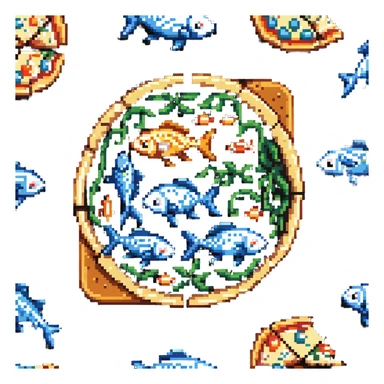 Fish pizza with fish toppings on a pizza crust, 8-bit style sticker