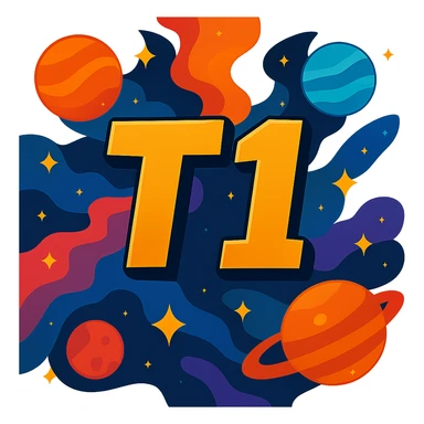 Make the T1 text much larger, keep the space theme, and make the background transparent. sticker