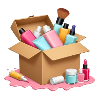 a cardboard box with assorted beauty products like compact, lotion, and nail polish spilling out with a blue background, variation 3 sticker