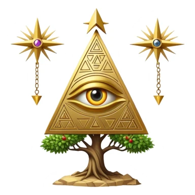 Annunaki tree from Garden of eden, that is actually a ancient tech antenna with illuminati all seeing eye in traingle symbol at the top and with little pyramids hanging like apples sticker