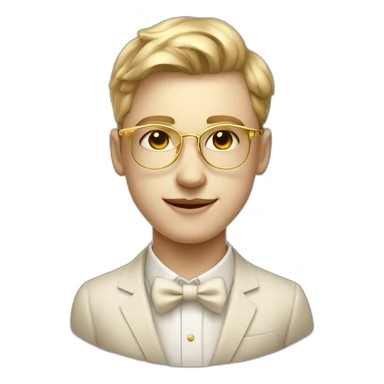 19 years old boy like a gentleman white skin tone. With golden optic glasses. Wearing old money style sticker