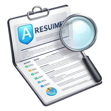AI Resume Analyzer App logo with document and magnifying glass, 3D style sticker