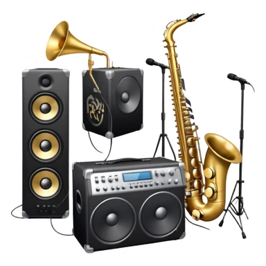 Icon for R&B Music Listening: large concert speakers and headphones with waves of musical notes coming out, along with drum kit, and synthesizer, saxophone and bass guitar. The icon should convey the energetic and rhythmic vibe of R&B music. Transparent background. sticker