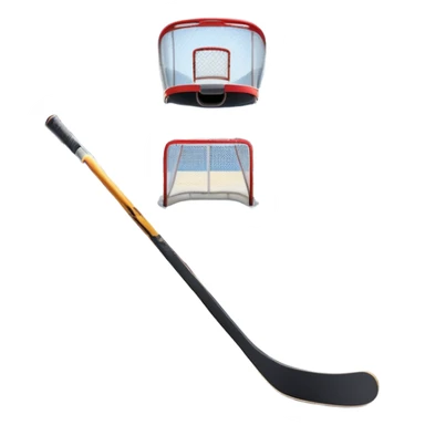 An icon showing a hockey stick, puck, skates, and goalposts on the ice. The background features a large hockey stadium with cheering fans, bright lights, and a snowy landscape visible through the arena. Transparent background highlights the main hockey equipment and atmosphere. sticker