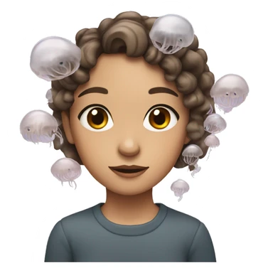 A girl with brown hair and gray eyes with a jellyfish on her head sticker