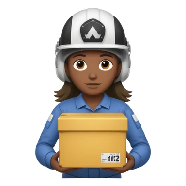 Tengo que dar una capacitacion de orgonomia, necesito un emoji de un operario con pelo largo y casco blanco de manga larga que levante una caja cerrada con las dos manos a la altura de los hombros y que tenga cara de esfuerzo fisico. Que no este saludando, las dos manos sosteniendo la caja.  sticker
