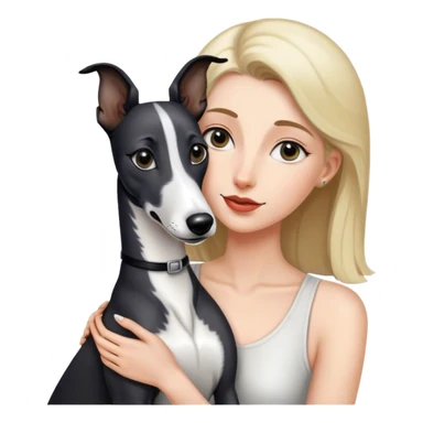 A black and white greyhound sniffing a woman sticker