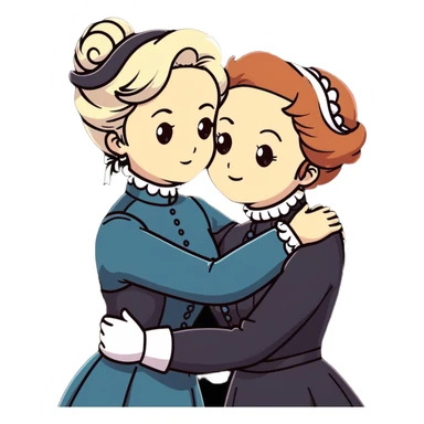 Two Victorian women with light eyes, one with white coiffed hair and one with copper coiffed hair, wearing Victorian high-neck dresses, embracing in a sad intimate hug sticker