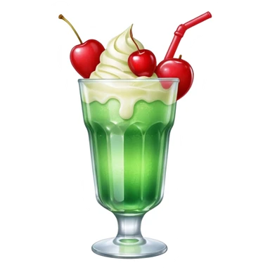 Create an emoji with a clear rounded glass, bright transparent green soda with fine bubbles, a smooth vanilla scoop circle shape, a glossy red cherry, using vibrant colors, soft shading, and clear glass highlights.
 sticker