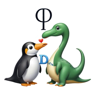 пингвин на котором написано Linux. целует динозавра диплодока на котором написано D1plodok sticker
