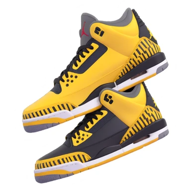Air Jordan 3 sneaker in 3D emoji style with all green parts replaced by black, yellow cartoon arms and legs, playful pose, matching the style of the previous green emoji character sticker