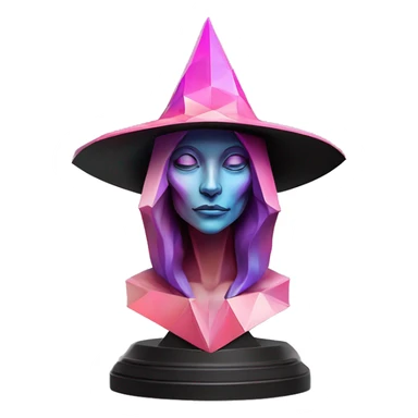 standalone sculpture Mage Witch Hat is geometric, faceted design. The sculpture is standing upright on a base with angular and Alphonse Mucha style. The vibrant midtone tints of pastels and pink highlights the sharp edges and planes.  sticker