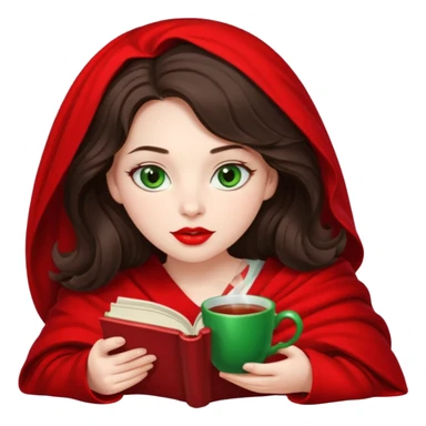 Long wavy dark brown haired, white skinned, dark big green eyed girl with red lipstick wrapped in a red blanket, sipping tea and reading a book sticker