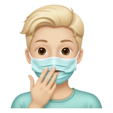 person with a mask, hand near mouth, showing good hygiene, cheerful sticker