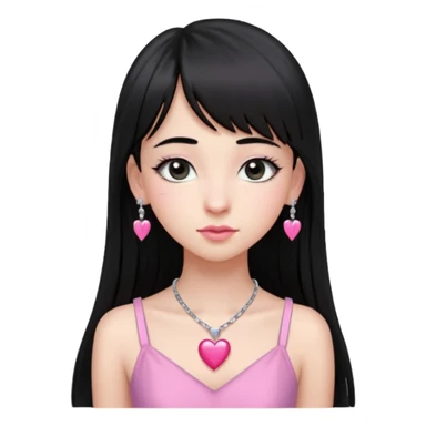 Cabelos pretos longos lisos ,com franja curvada .olhos pretos puxadinho para cima. Cílios longos curvados. Pele clara ,nariz pequeno ,lábios carnudos ,adolescente 16 anos ,vestido rosa de alça, colar de coração prata ,brinco de diamante sticker