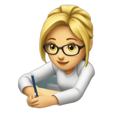 White Smart girl doing Homework on a desk writing on a pice of paper sticker