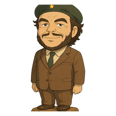 statuette of Che Guevara in a suit and tie, big head, confident smile, ghibli style sticker