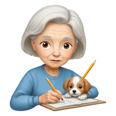 An elderly woman sketching her puppy face. sticker