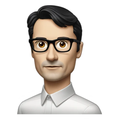 small photo realistic Ralf Hutter from Kraftwerk, short straight black hair, Dark Brown eyes, black glasses, thin, black shirt, beside Tesla sticker