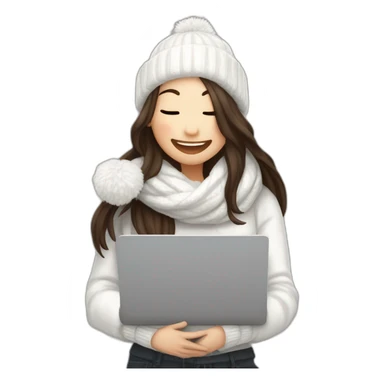 eyes closed laughing female with pale skin and dark brown straight long hair wearing white scarf and white woolly hat and black hoodie and holding a laptop and coffee mug not full body shot sticker