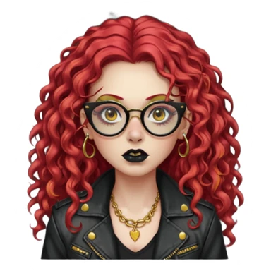 nonchalant zombie with long red curly hair, thick lashes, black square glasses, gold nose piercings on each side of her nose, and a gold eyebrow piercing. sticker
