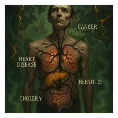 semi-realistic, allegorical style human figure, black parasites branch to organs, each organ with a colored aura and disease name, world map, glowing fissures, green mist sticker