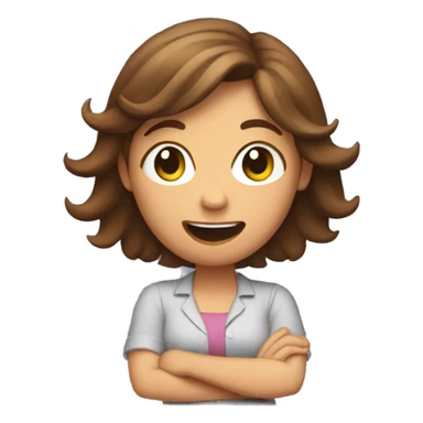 Female with brown hair shrugging with her arms up while laughing  sticker