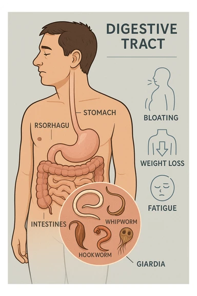 a man stands in profile, with a transparent overlay revealing his digestive tract. Inside his intestines, several enlarged, detailed representations of intestinal parasites are visible. Around the man, subtle arrows or icons indicate symptoms such as bloating, weight gain, and fatigue. The background is clinical and educational, with clear labels for anatomy and parasites. sticker