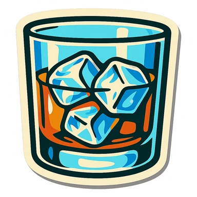 whiskey glass with ice, retro stickers style, sharp black outlines, expressive shadows and highlights, no gradients, only clear color transitions sticker
