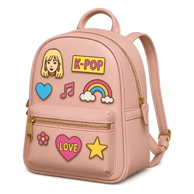 pink kpop idol backpack with pins, stylish sticker