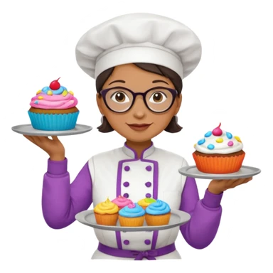 Older female pastry chef – round glasses, oven mitts on, holding a tray of cupcakes

 sticker