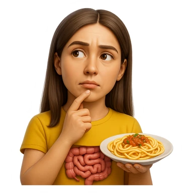 donna che guarda pensierosa con intestino in evidenza un piatto di pasta, stile emoji iphone, iperrealistico 4k sticker
