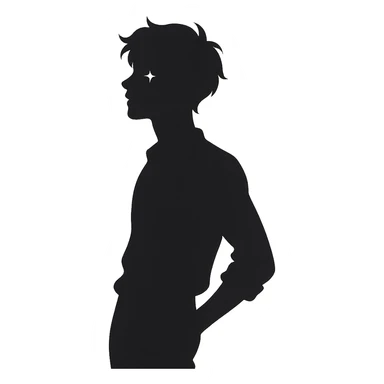 minimalist silhouette of a youthful male figure with a gentle pastel aura, subtle sparkle near the eyes, and a relaxed, confident pose, exuding effortless charm and playful unpredictability sticker