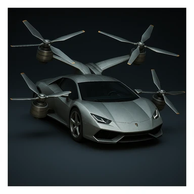 Redesign the flying car in the reference image to be lower and sleeker with proportions similar to a Lamborghini. Keep two wings on top, two on the sides, propellers on all wings, wheels, and a metallic finish. Maintain a photorealistic style for the redesign. sticker
