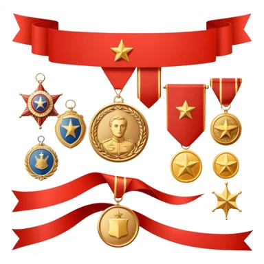 Icon for Collecting Orders, Medals & Badges: a variety of vintage orders, medals and badges, displayed neatly on a big red pennant or in a display case. The icon should reflect the honor and historical significance of these collectible items. Transparent background. sticker