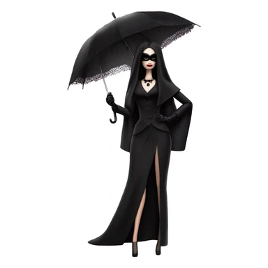 Stunning in the Spotlight Barbie, teen Morticia Addams,showing off, show full body,accessories  gloves funeral veil covering face umbrella  sticker