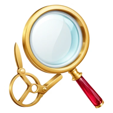 Jewelry art icon, golden ring with a ruby viewed through a magnifying glass, visible pliers beside it, minimalistic style, clean lines, transparent background. sticker