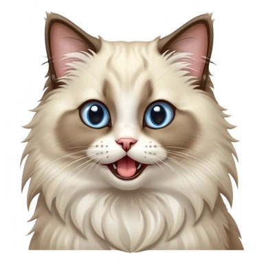Cinematic-Adorable-Seal-Ragdoll-Cat-Portrait-Emoji – Big-eyed, fluffy Ragdoll cat with a playful head tilt and a cute yawn, soft brown-and-white fur with darker seal points on the ears and face, simplified yet irresistibly cute features, sparkling blue eyes full of mischief, highly detailed with a gentle glow. sticker