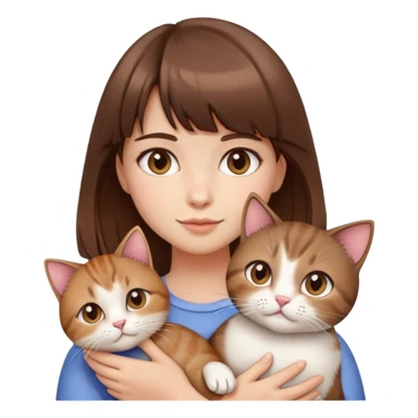 A girl with bangs, brown hair and a short cat in her arms. sticker