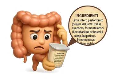 EMOJI STILE IPHONE 3D DI UN INTESTINO CHE HA IN MANO UN BARATTOLO DI YOGURT CONFEZIONATO DA SUPERMERCATO E LEGGE L'ETICHETTA NUTRIZIONALE CON GLI INGREDIENTI IN ITALIANO, ACCANTO ALLO YOGURT CHE HA IN MANO C'è UN FOCUS SULL'ETICHETTA CON GLI INGREDIENTI SCRITTI, FAGLI UN ESPRESSIONE CONFUSA MENTRE LEGGE E FALLO MOLTO REALISTICO IN 3D sticker