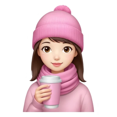 Cute East Asian girl, soft fair skin, big brown eyes, long lashes, natural pink lips, inward brown bob with straight bangs. Wearing pink beanie and scarf, rosy cheeks, shy smile, holding warm drink,  sticker