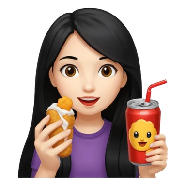 girl with long black hair eating with mouth on the chicken nugget and holding a soda can sticker