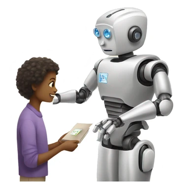 a robot handing a flashcard to a (gender neutral) student sticker