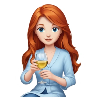 Happy redhead with long hair and blue eyes holding white wine sitting in chair beside fire  sticker