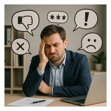Create a realistic image of a man with a frustrated and annoyed expression, surrounded by speech bubbles or symbols representing criticism from clients. The man looks visibly upset by the criticism. The setting is professional or office-like, with an educational and respectful tone. sticker