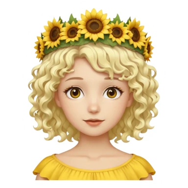 Fair skin female, short platinum-blonde curly hair, wearing a yellow sunflower crown. sticker