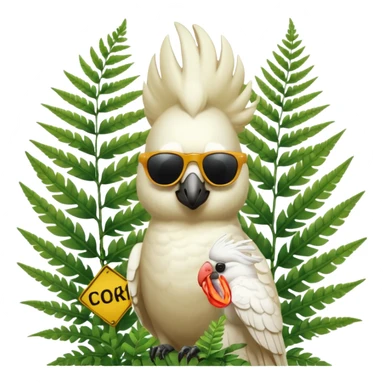 sulfer crested cockatoo wearing sunglasses sitting in a green fern tree with an australian street sign sitting infront of it saying welcome to cockatoo sticker