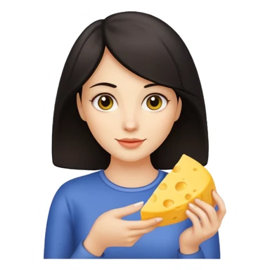 dark haired woman holding cheese piece sticker